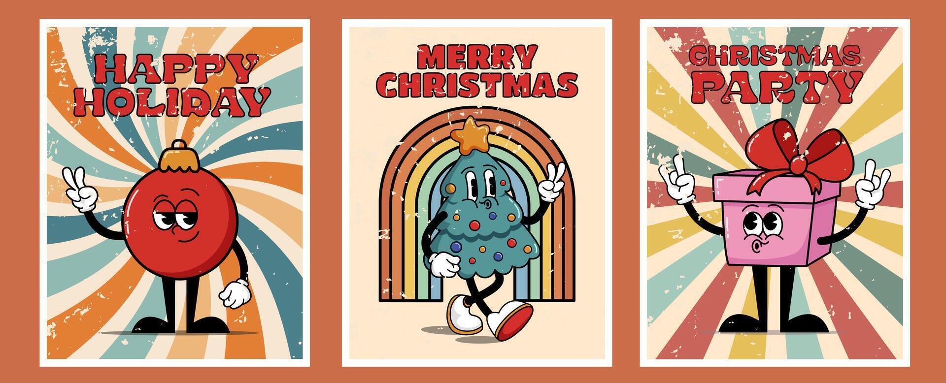 Set of cool retro cards for Christmas and New Year. Cool and bright greeting card, cool hippie Christmas, Merry Christmas, Christmas party, holiday poster, print, party invitation. vector