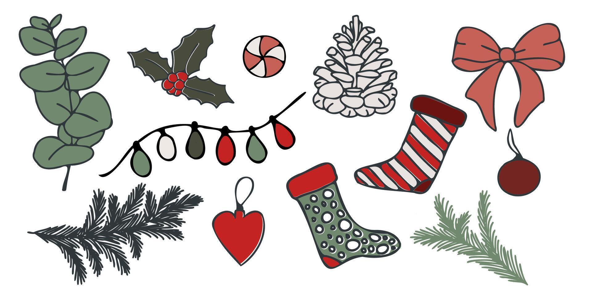 Christmas doodle illustration with festive elements like pine cones, holly, stockings, bows, and ornaments. Ideal for coloring pages, DIY crafts, and holiday designs. vector