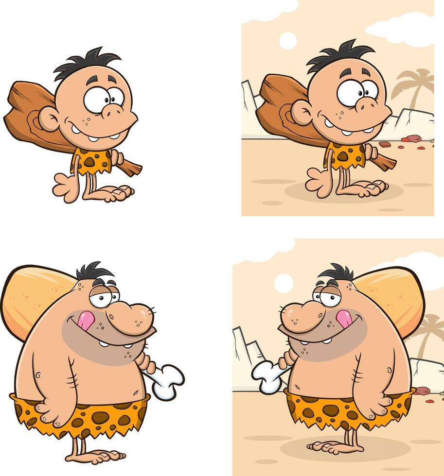 Caveman Cartoon Characters. Collection Set Isolated On White Background vector