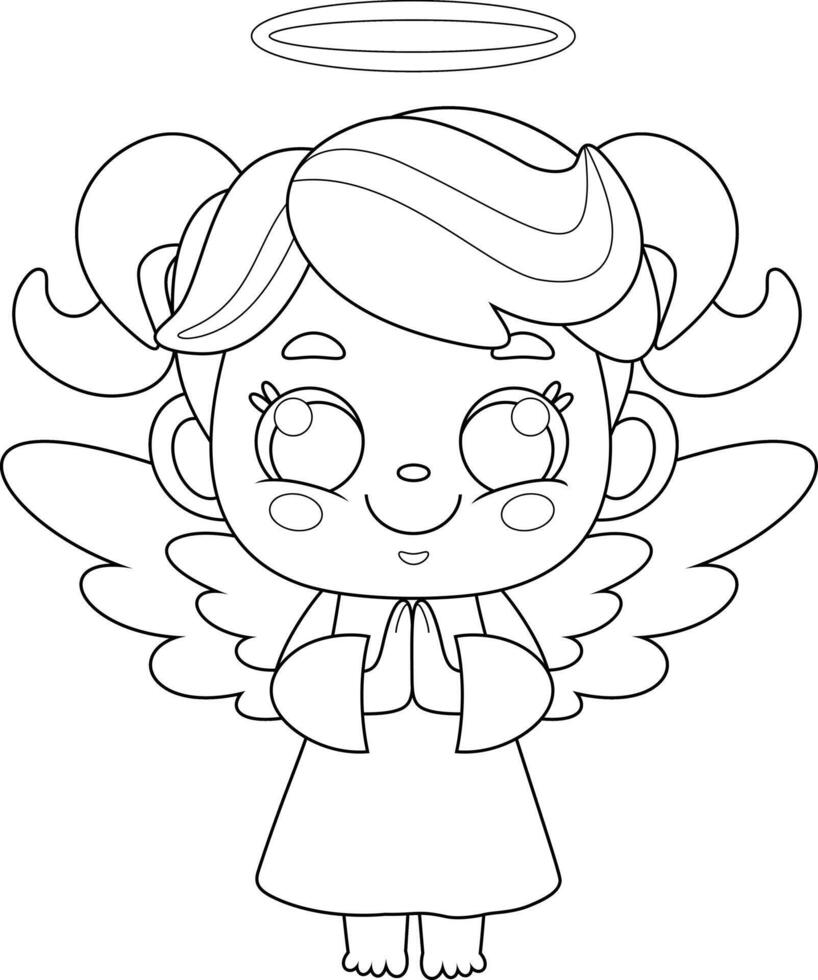Outlined Cute Baby Angel Girl Cartoon Character Praying vector