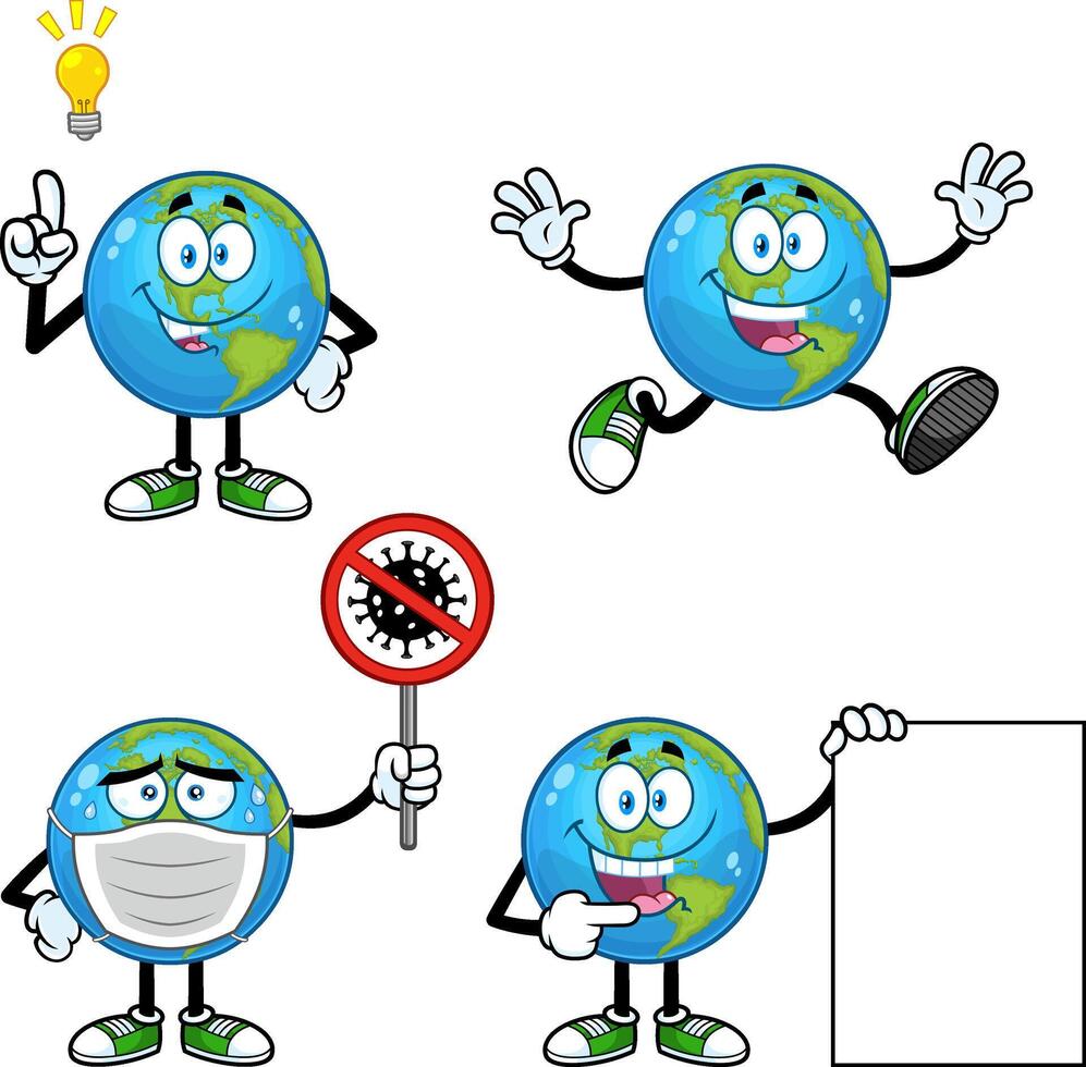 Earth Globe Cartoon Character Poses. Collection Set vector