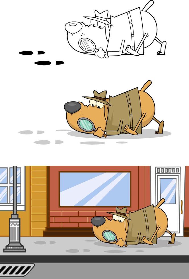 Detective Dog Cartoon Character Following A Clues. Collection Isolated On White Background vector