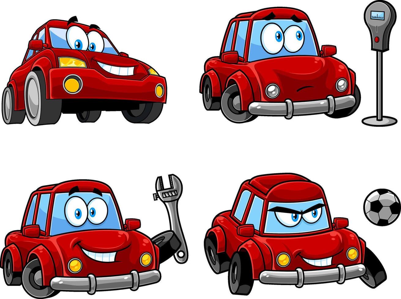 Red Car Cartoon Character Poses. Collection Set Isolated On White Background vector
