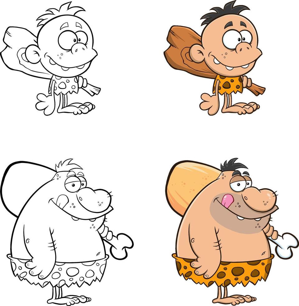 Caveman Cartoon Characters. Collection Set Isolated On White Background vector