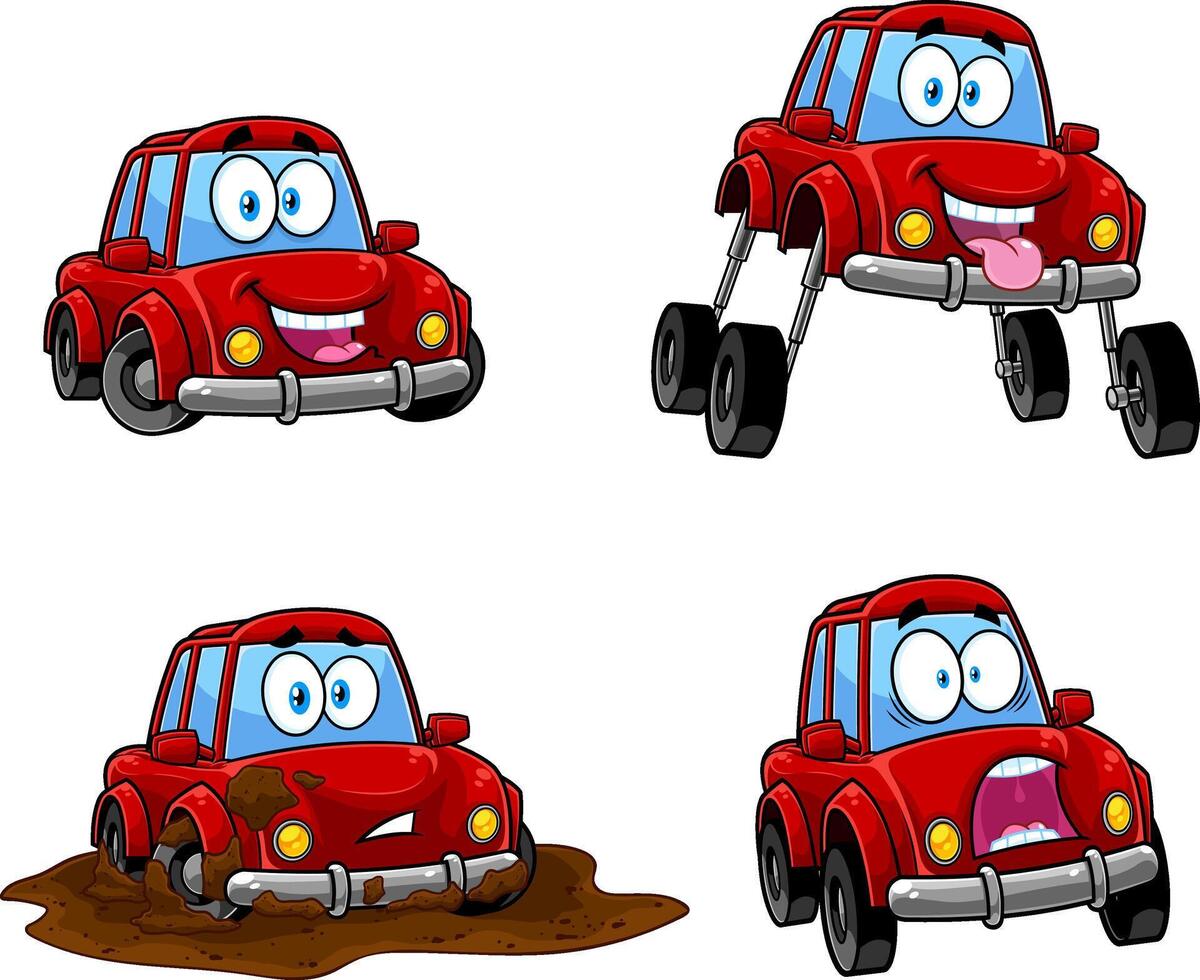 Red Car Cartoon Character Poses. Collection Set vector
