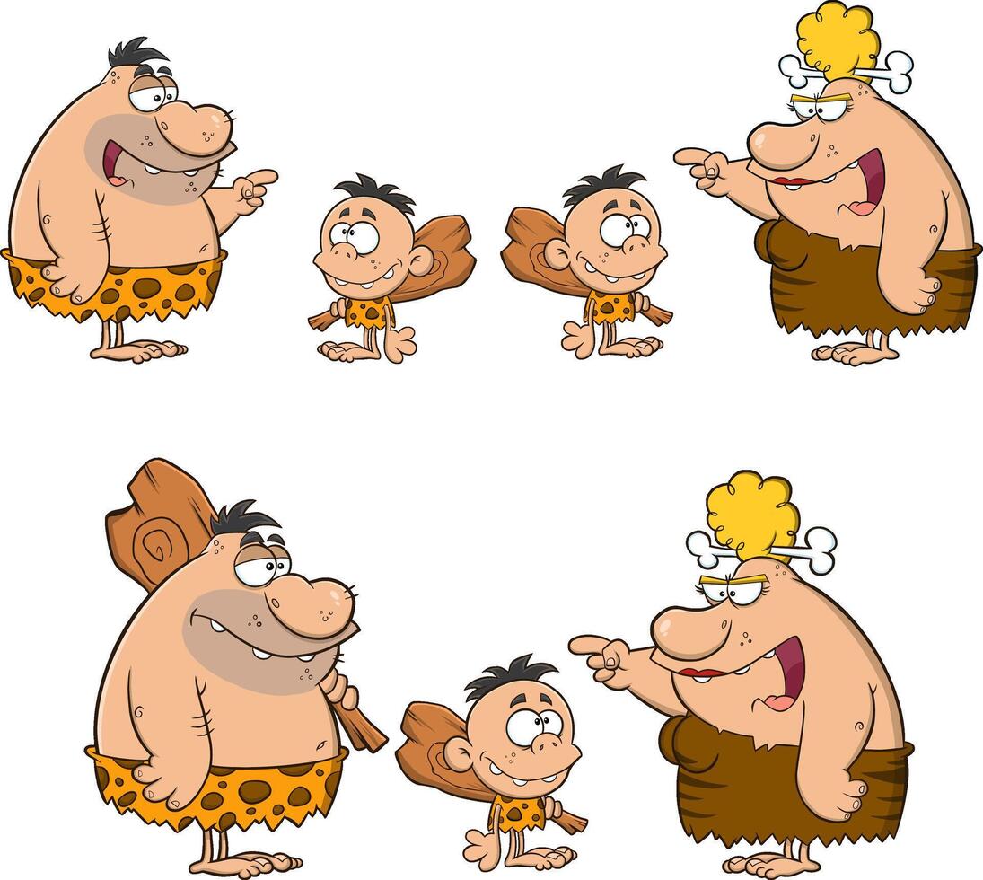 Caveman Cartoon Characters. Collection Set vector