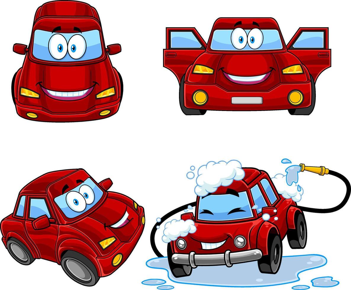 Red Car Cartoon Character Poses. Collection vector