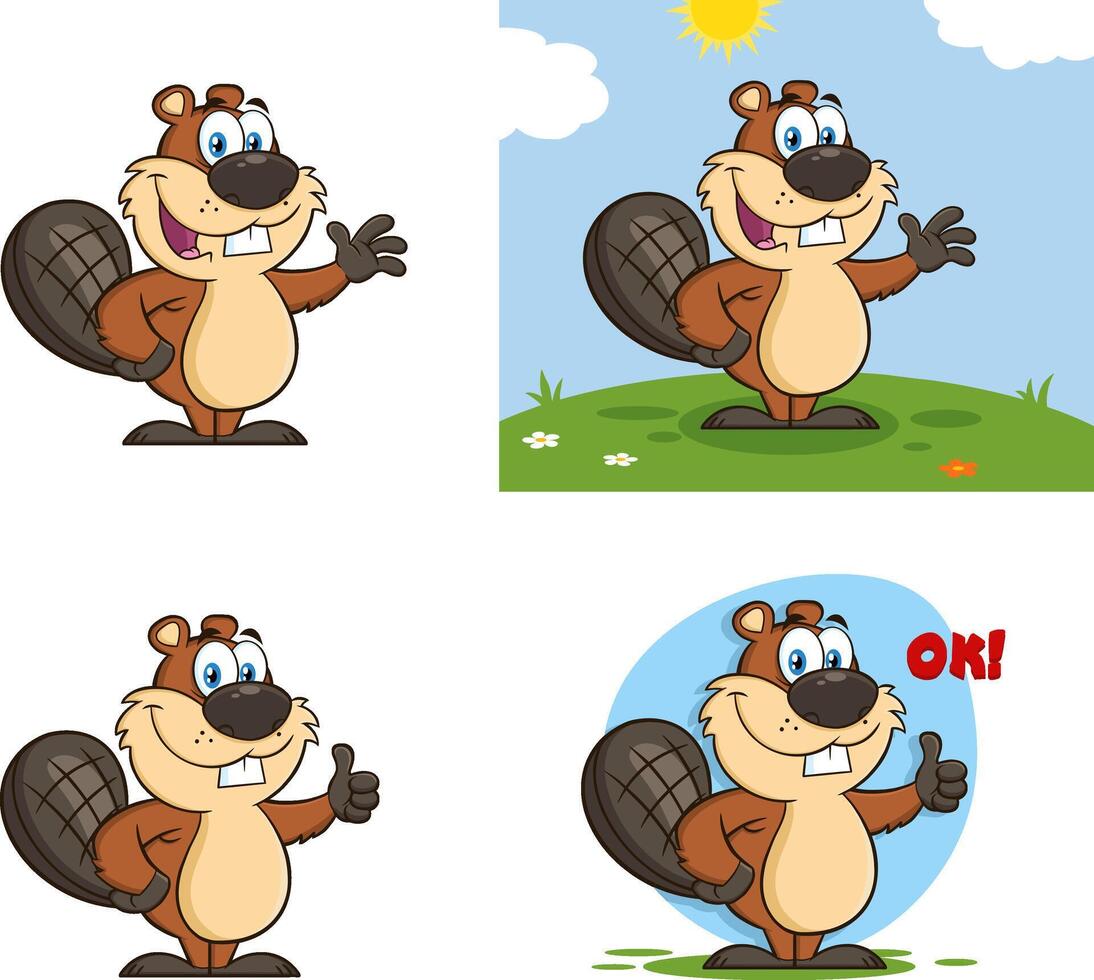 Beaver Cartoon Mascot Character. Collection Set vector