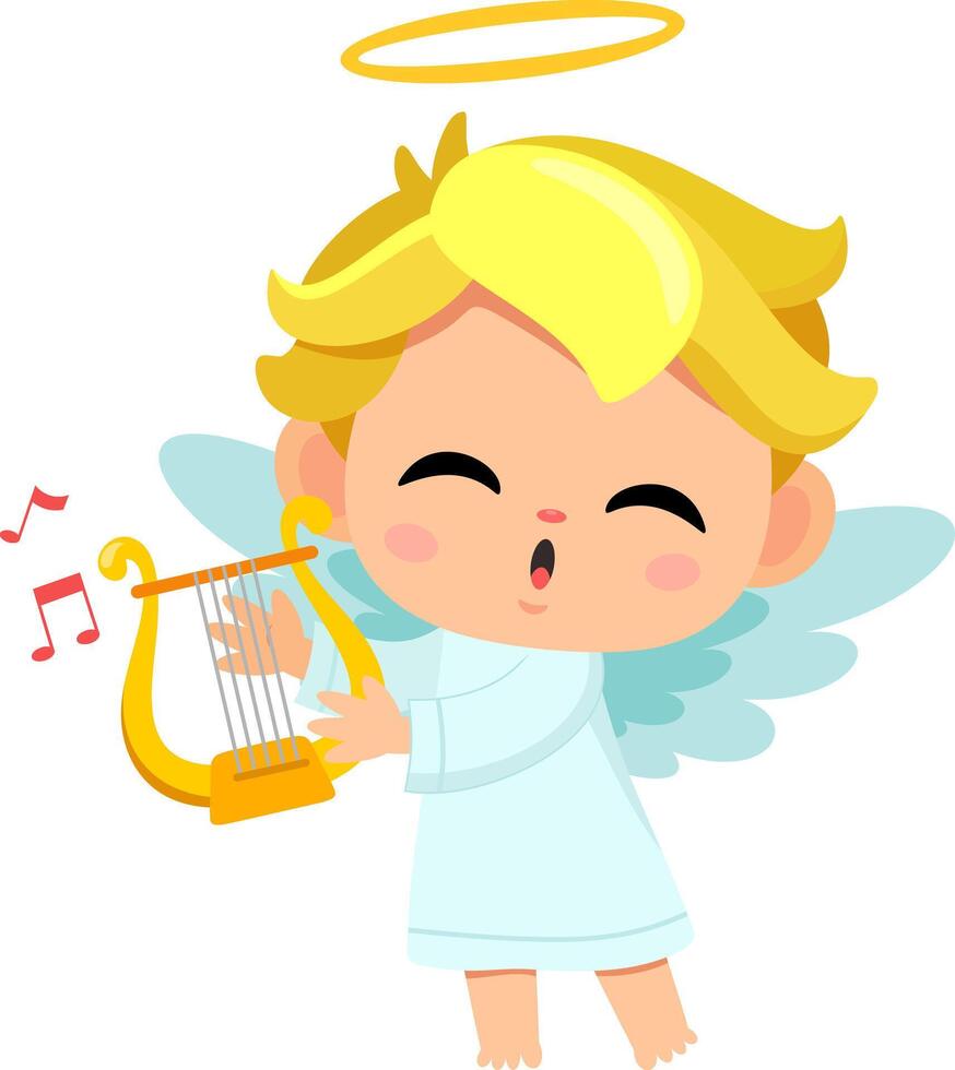 Cute Baby Angel Boy Cartoon Character Sing A Song With Harp vector