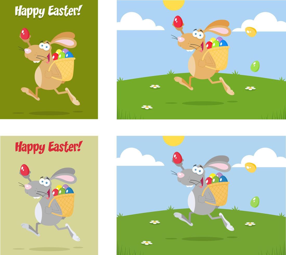 Easter Rabbit Running With A Basket And Egg. Collection Set vector