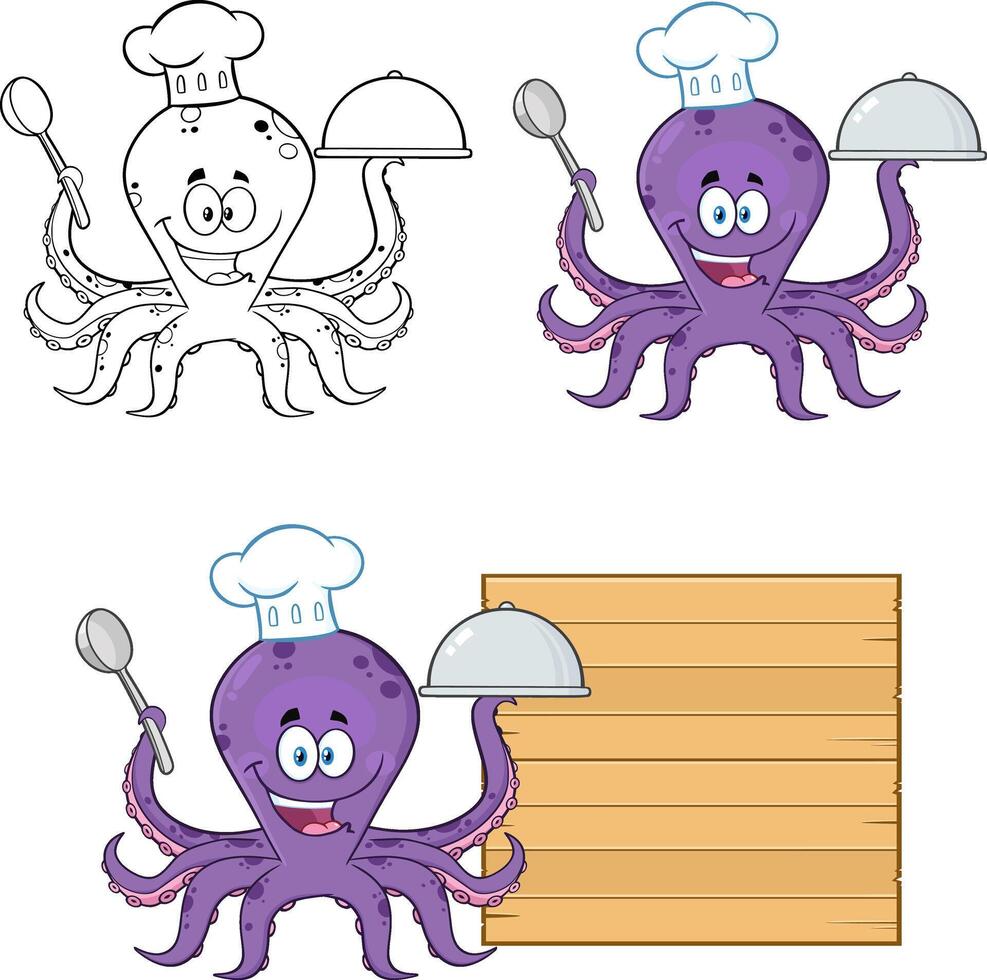 Octopus Chef Cartoon Character Serving Food. Collection vector