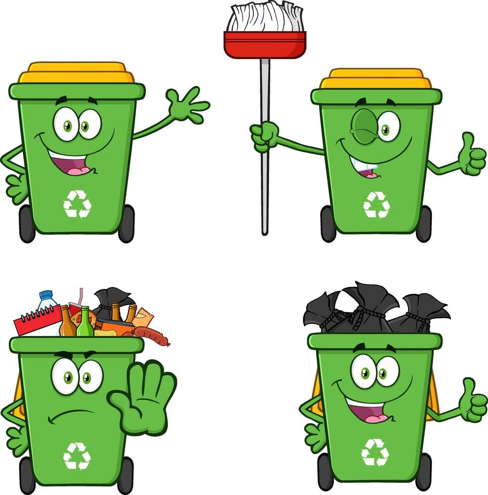 Recycling Bins Cartoon Characters. Collection Set Isolated On White Background vector