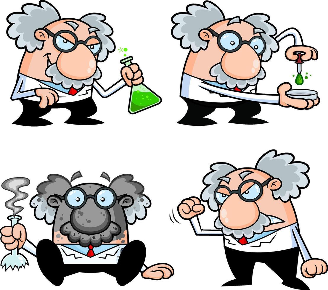 Science Professor Cartoon Character Poses. Collection Set vector