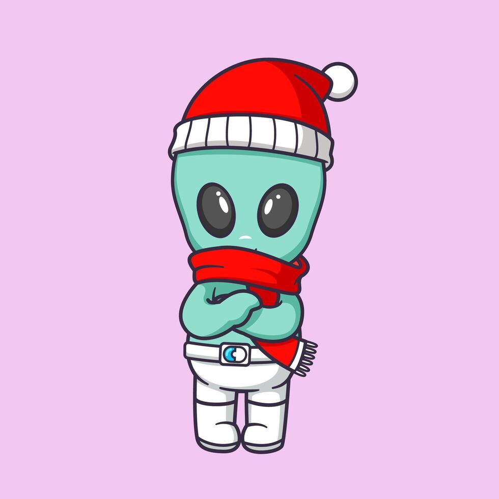 Cute alien is posing wearing a winter hat and scarf Cartoon Icon Illustration. vector