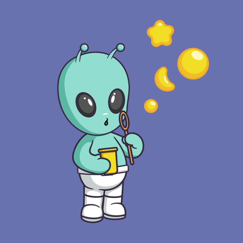 Cute alien have fun blowing soap bubbles Cartoon Icon Illustration. vector
