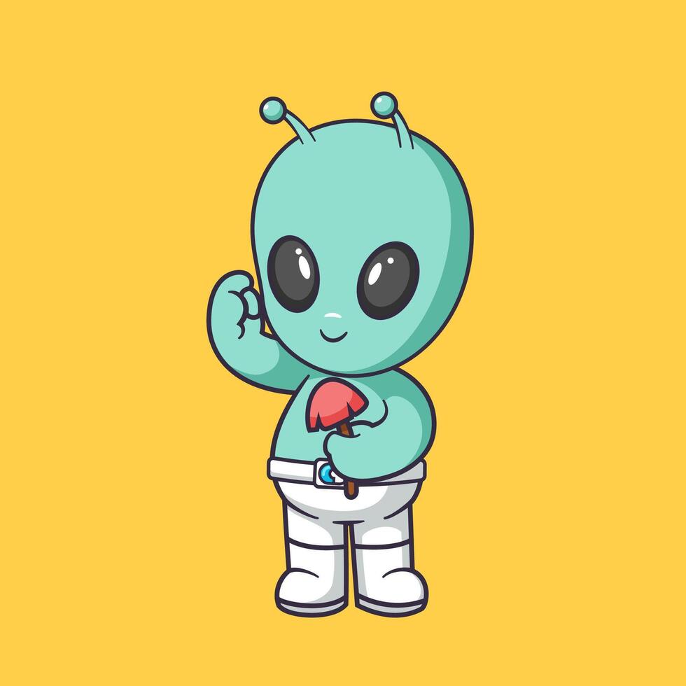 Cute alien is holding a mushroom and looks confused Cartoon Icon Illustration. vector