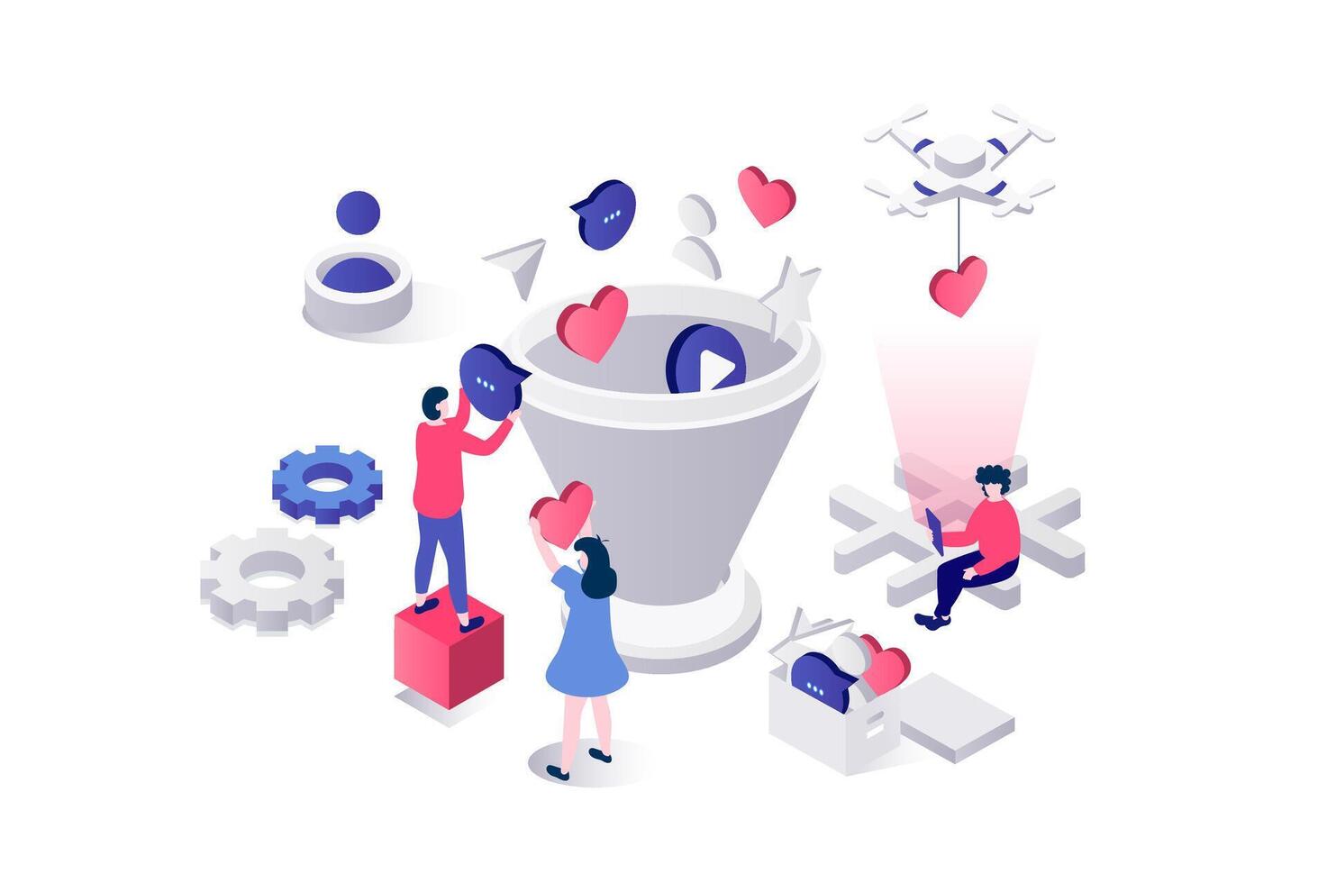 Social media funnel 3d isometric concept in geometry graphic design for web. People using marketing tool for driving online traffic and attracting new customers, increased sales. illustration. vector