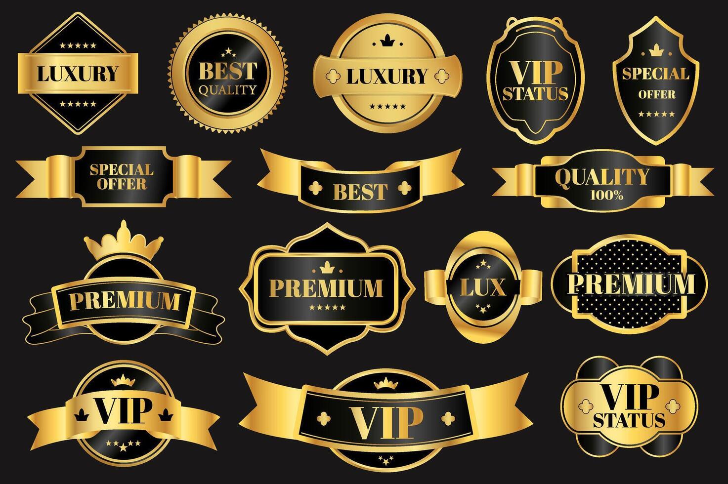 Golden luxury labels set elements in flat graphic design. Collection of shiny promotion tags and glossy guarantee emblems with best quality, vip status, special offer, other. illustration. vector