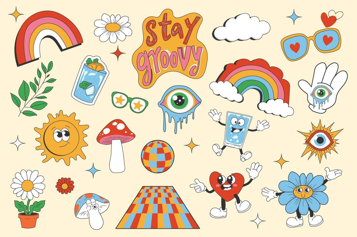 Vintage groovy set elements in flat graphic design. Collection of rainbow, daisy flower, sun, hands, stars, sunglasses, mushroom, eyes, disco ball, heart and other funky mascots. illustration. vector