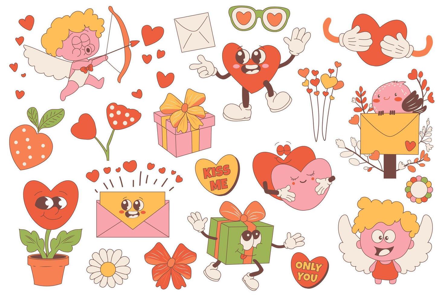Groovy Valentine day set elements in flat graphic design. Collection of funny cupid with arrow, love letters, heart, glasses, couple hug, daisy flower, gifts, strawberry, other. illustration. vector