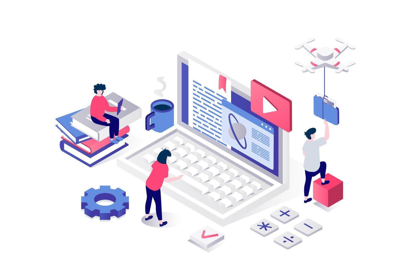 Modern education 3d isometric concept in geometry graphic design for web. People learning distantly at study courses by laptop, reading digital textbooks and watching videos. illustration. vector