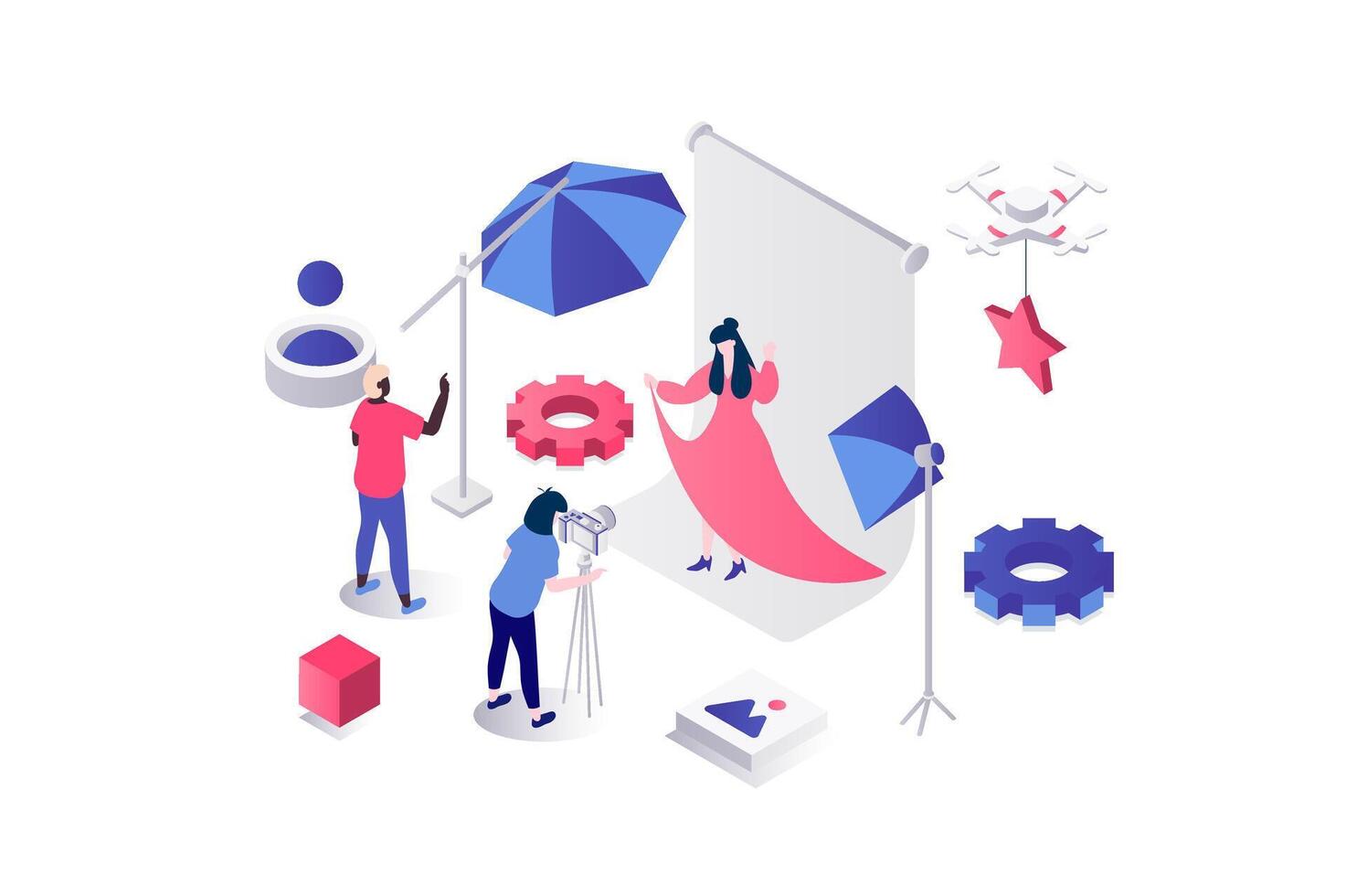 Photo studio 3d isometric concept in geometry graphic design for web. People working at professional photo shooting, photographer making portraits, while model posing in room. illustration. vector