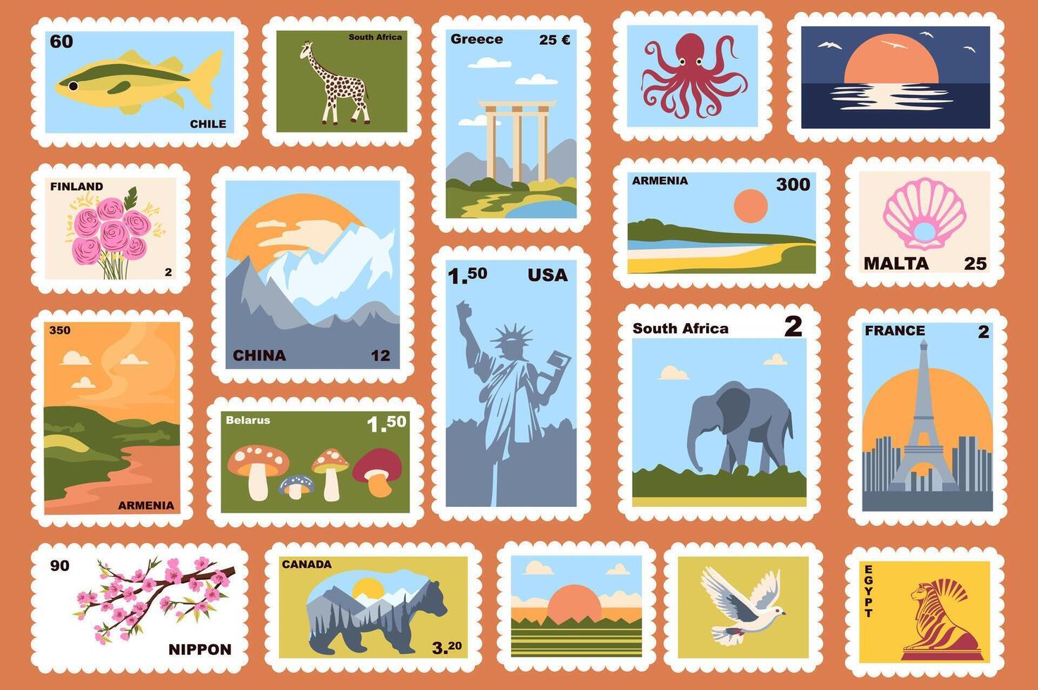 Post stamps set elements in flat graphic design. Collection of cute retro postal mail stickers from travel with different city and country, landscapes, architecture and other. illustration. vector