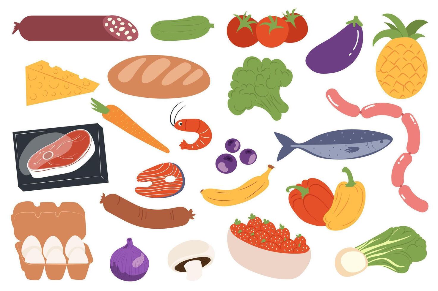 Food products set elements in flat graphic design. Collection of sausage, cucumber, tomato, eggplant, pineapple, cheese, bread, broccoli, steak, carrot, shrimp, fish, egg, other. illustration. vector