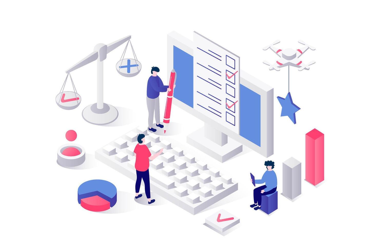 Online survey 3d isometric concept in geometry graphic design for web. People answering in digital questionnaire form, filling checkbox document, marking in test or exam page. illustration. vector