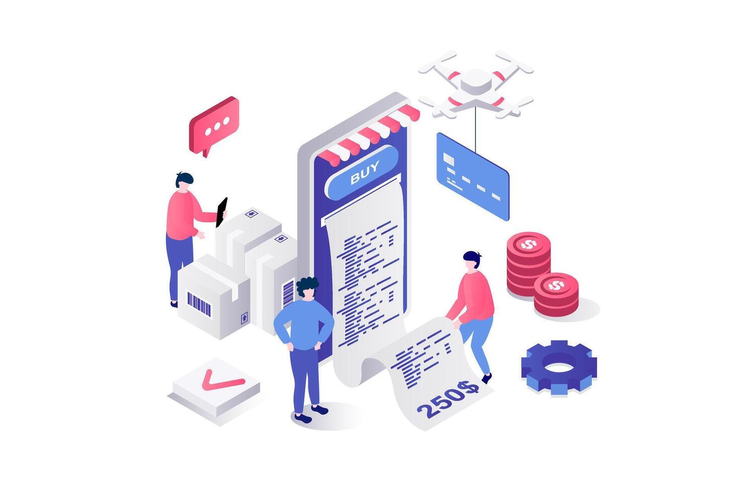 Electronic receipt 3d isometric concept in geometry graphic design for web. People making purchases or ordering services, receiving digital form of invoice for checkout in app. illustration. vector