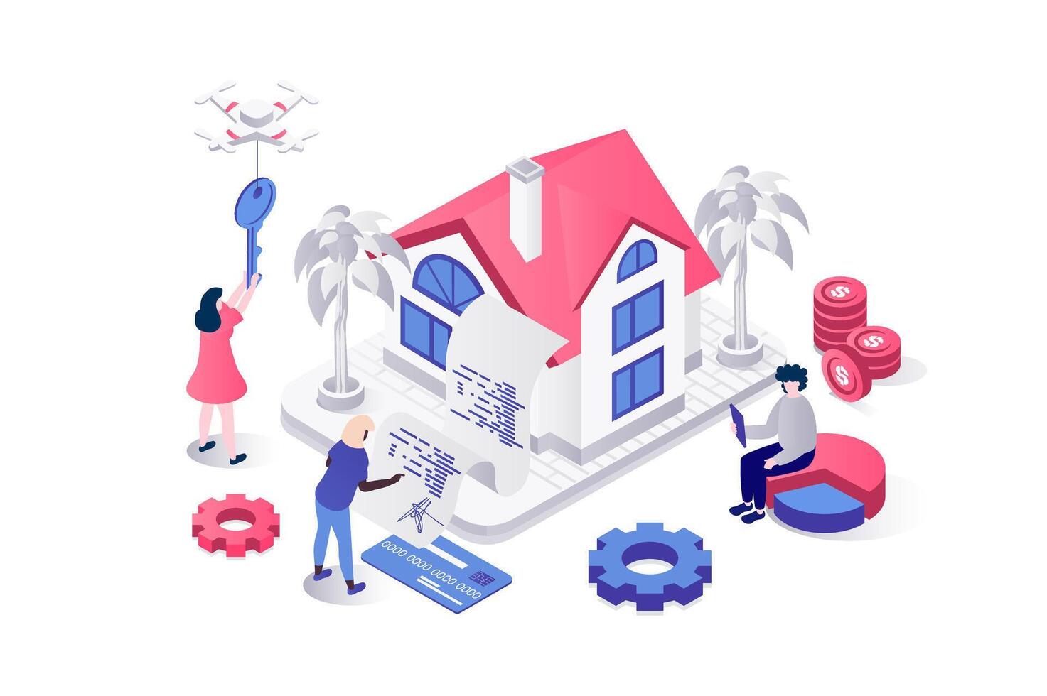 Mortgage investment 3d isometric concept in geometry graphic design for web. People buying new home, concluding property money contract with bank and investing in real estate. illustration. vector