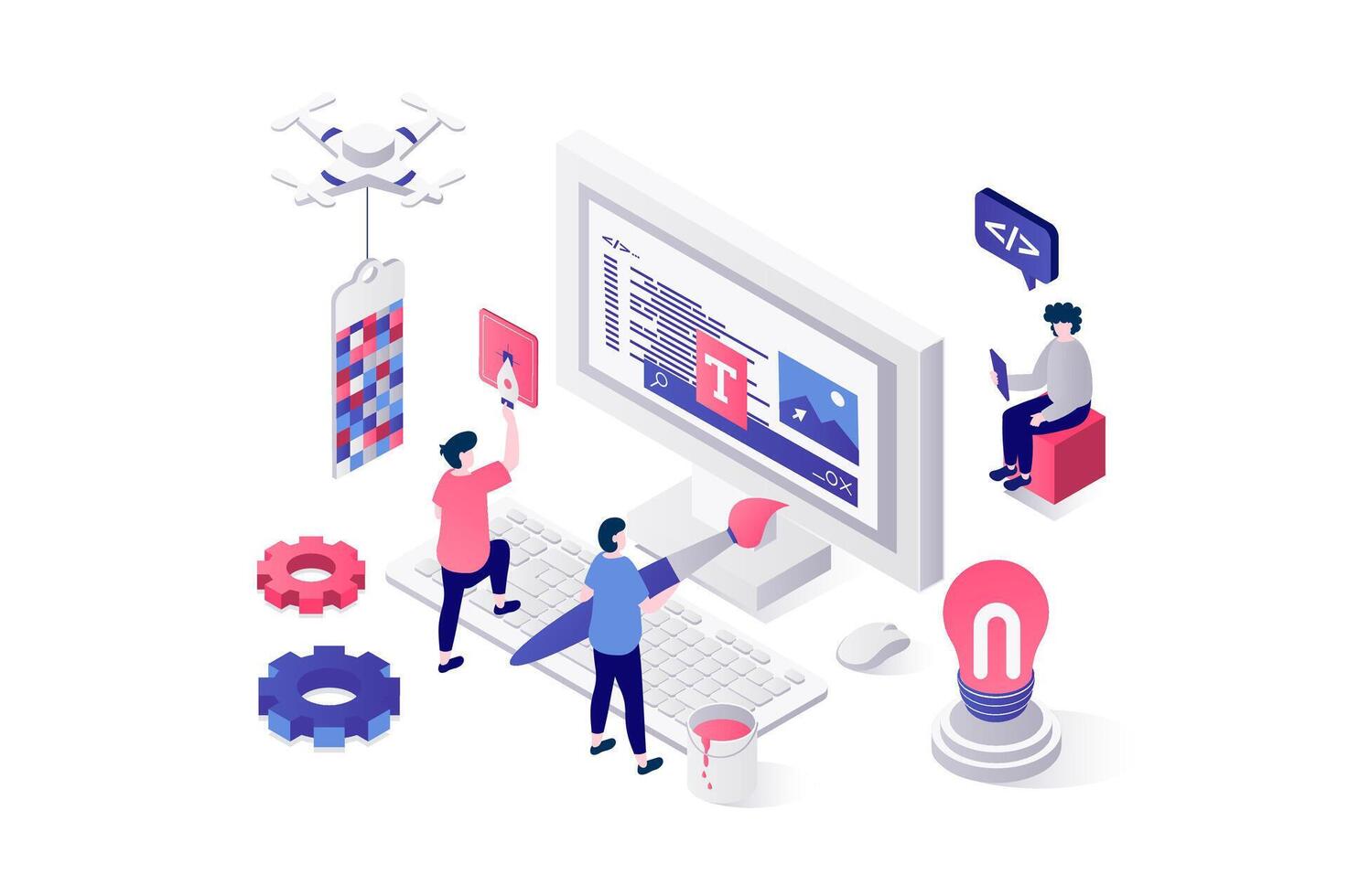 Web design 3d isometric concept in geometry graphic design. People creating webpage wireframe template, filling page with content, engineering and coding interface at screen. illustration. vector