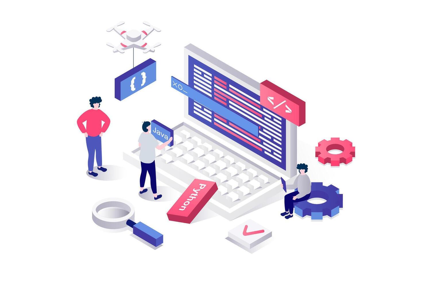 Programming 3d isometric concept in geometry graphic design for web. People developing new software, coding and engineering programs, working with project at computer screen. illustration. vector