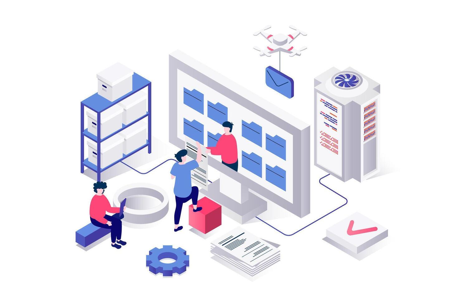 Electronic organization files 3d isometric concept in geometry graphic design for web. People managing digital documents in folders and interacting catalog at computer screen. illustration. vector