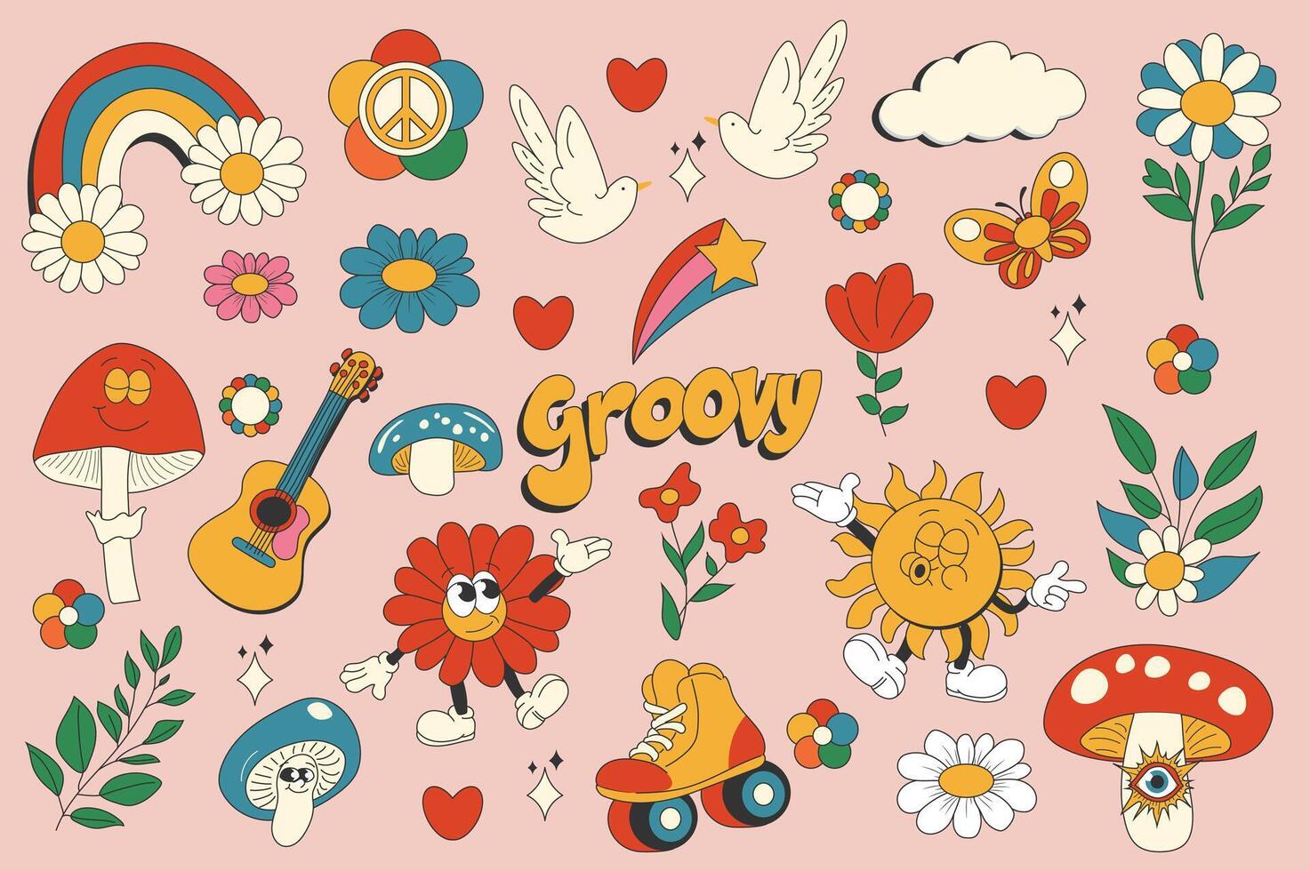 Vintage groovy set elements in flat graphic design. Collection of rainbow, peace, doves, cloud, daisy, heart, mushrooms, butterfly, guitar, roller skates, other funky mascots. illustration. vector