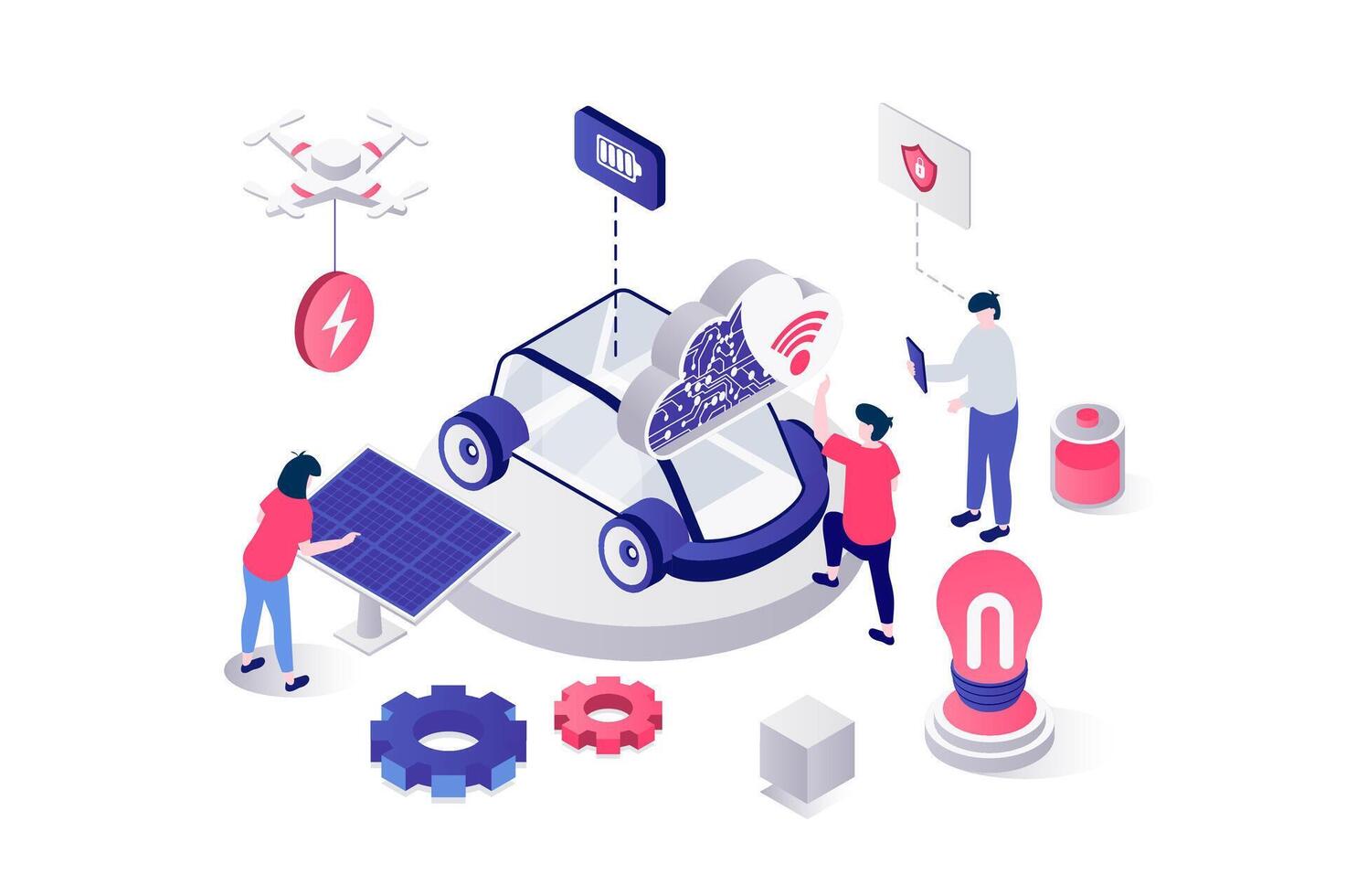 Smart car 3d isometric concept in geometry graphic design for web. People using electric auto with alternative green battery charging, wireless sensors and automatic control. illustration. vector
