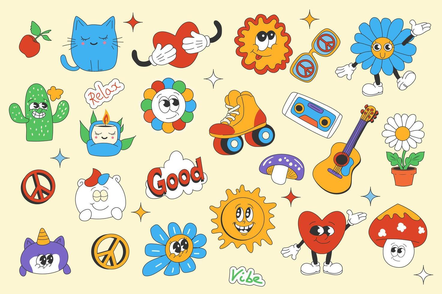 Vintage groovy set elements in flat graphic design. Collection of funny cat, heart, sun, sunglasses, daisy, cactus, roller skates, music cassette, guitar, peace, unicorn, other. illustration. vector