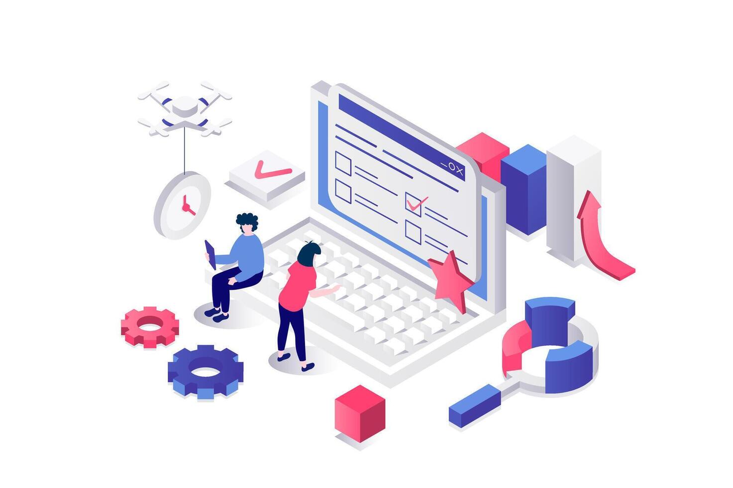 Online survey 3d isometric concept in geometry graphic design for web. People filling internet questionnaire list and ticking answers in checklist, evaluate in feedback form. illustration. vector