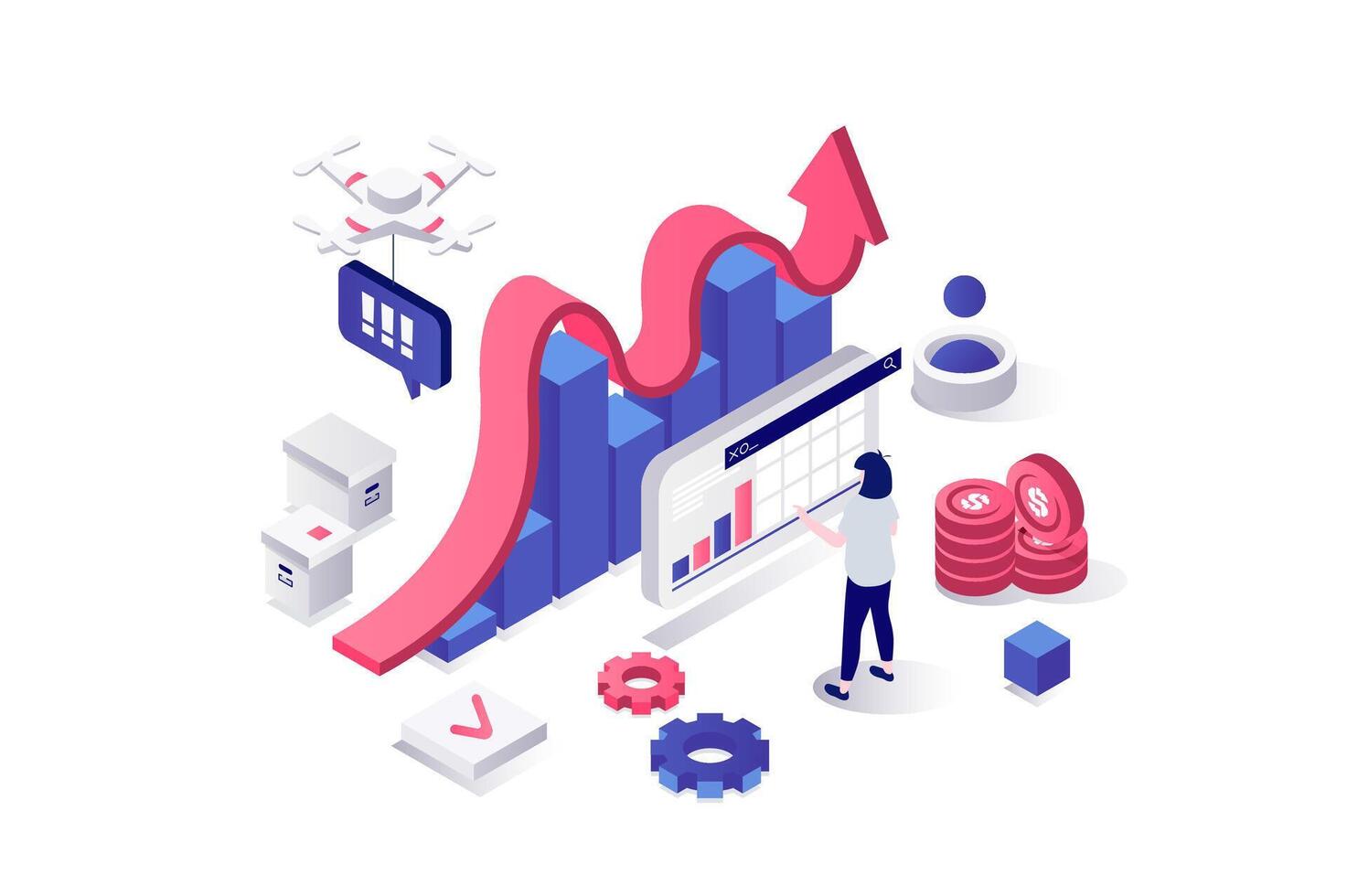 Crisis management 3d isometric concept in geometry graphic design for web. People making financial analysis, control and minimize finance problems, choosing efficiency strategy. illustration. vector