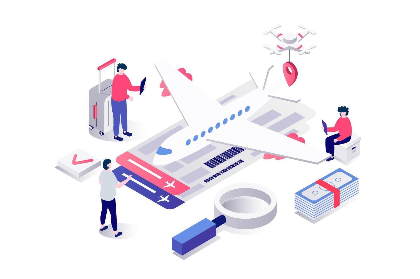Booking flight 3d isometric concept in geometry graphic design for web. People with luggage go in vacation, searching and buying airline tickets to plane by internet or using app. illustration. vector