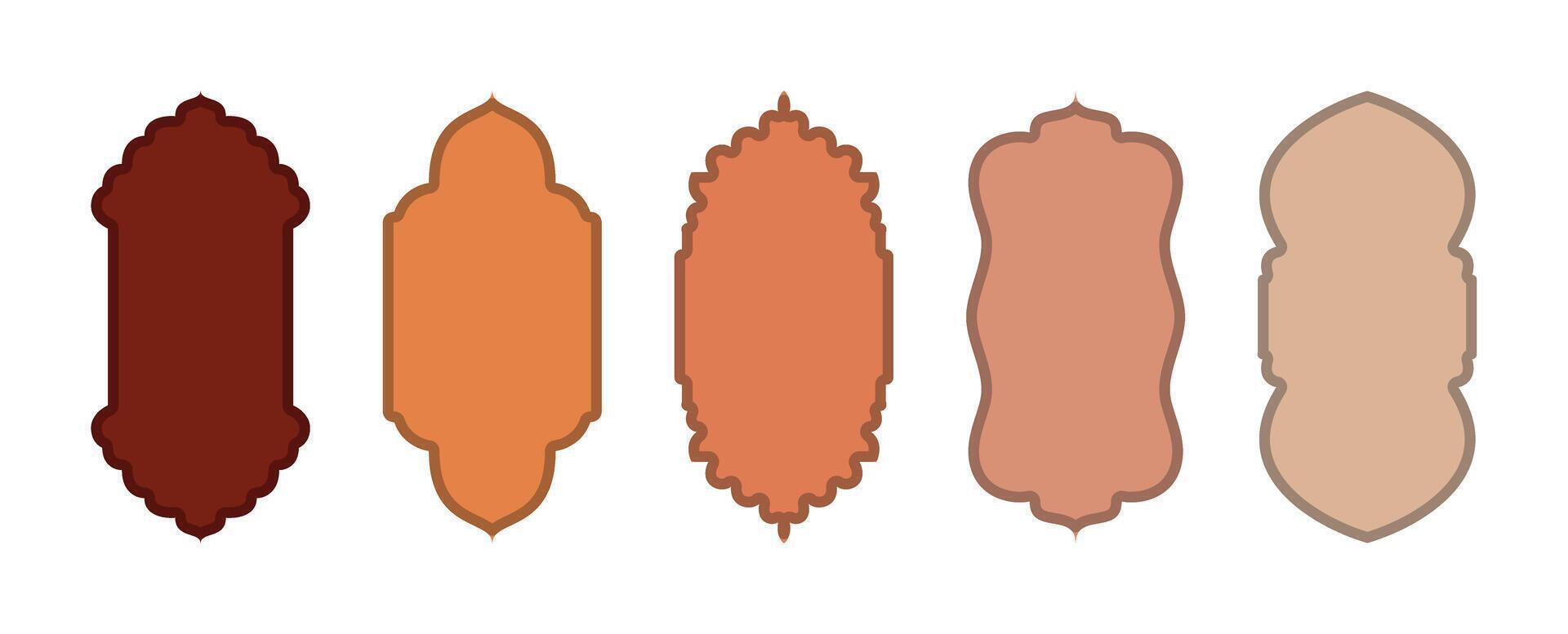 Islamic arch and window set in Arabian, Moroccan styles. Mosque door frames for Ramadan Kareem, Eid Mubarak. Editable shapes for social media design labels. Transparent background, flat design vector