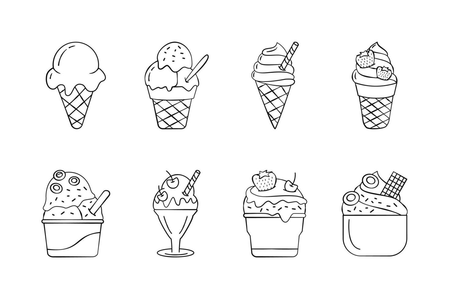 Illustration of ice cream with topping. Handdrawn ice cream icons. Doodles design. outline icons. vector