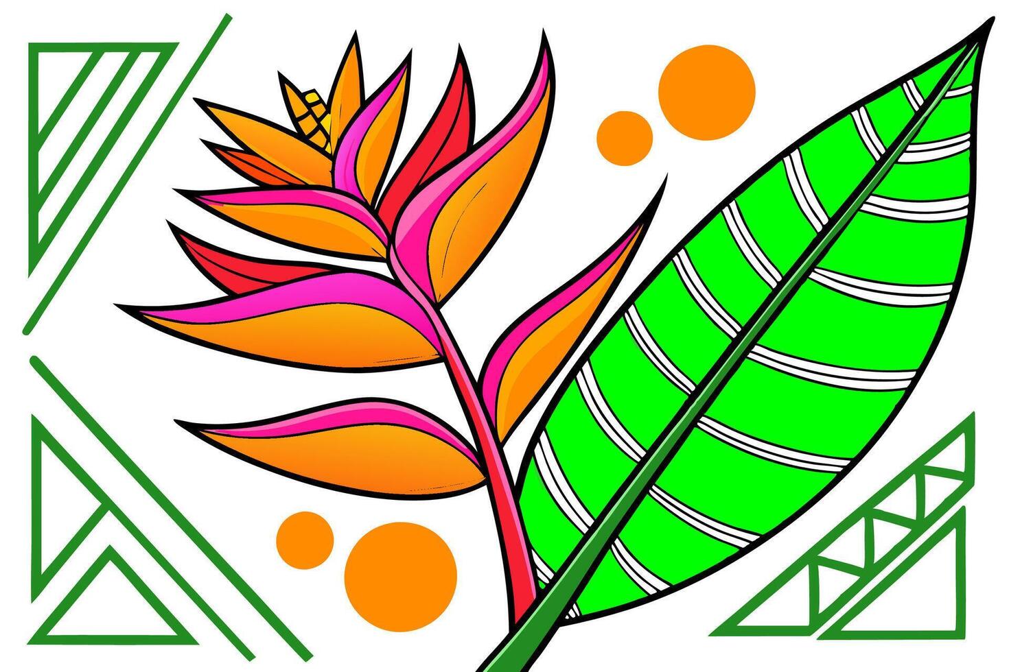Heliconia Flower Illustration Vibrant Orange Pink Green Tropical Design Element. vector