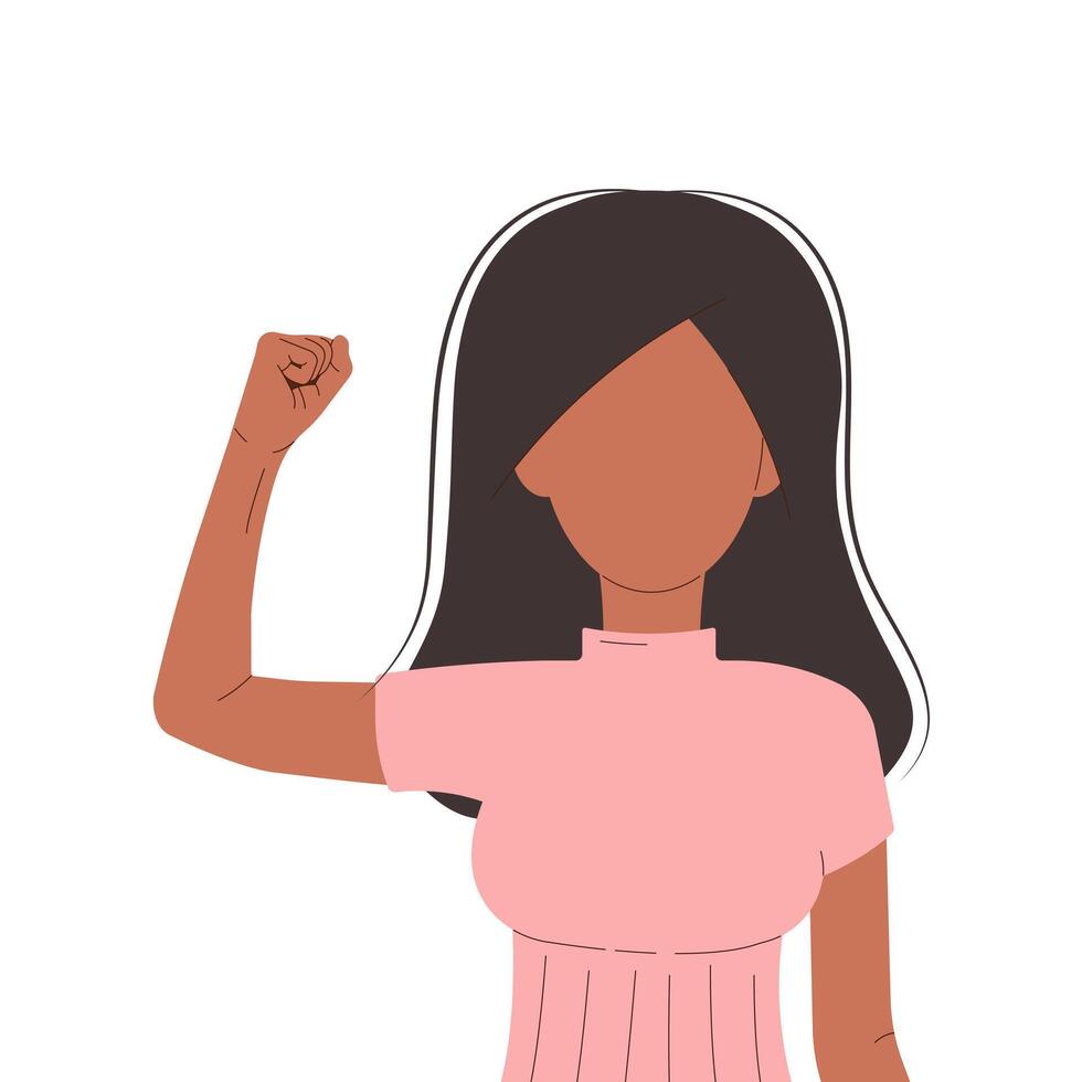 International Womens Day 8 march. Campaign 2025 AccelerateAction. Brunette woman showing strength in her hand. Faceless female avatar. Flat illustration on white background vector