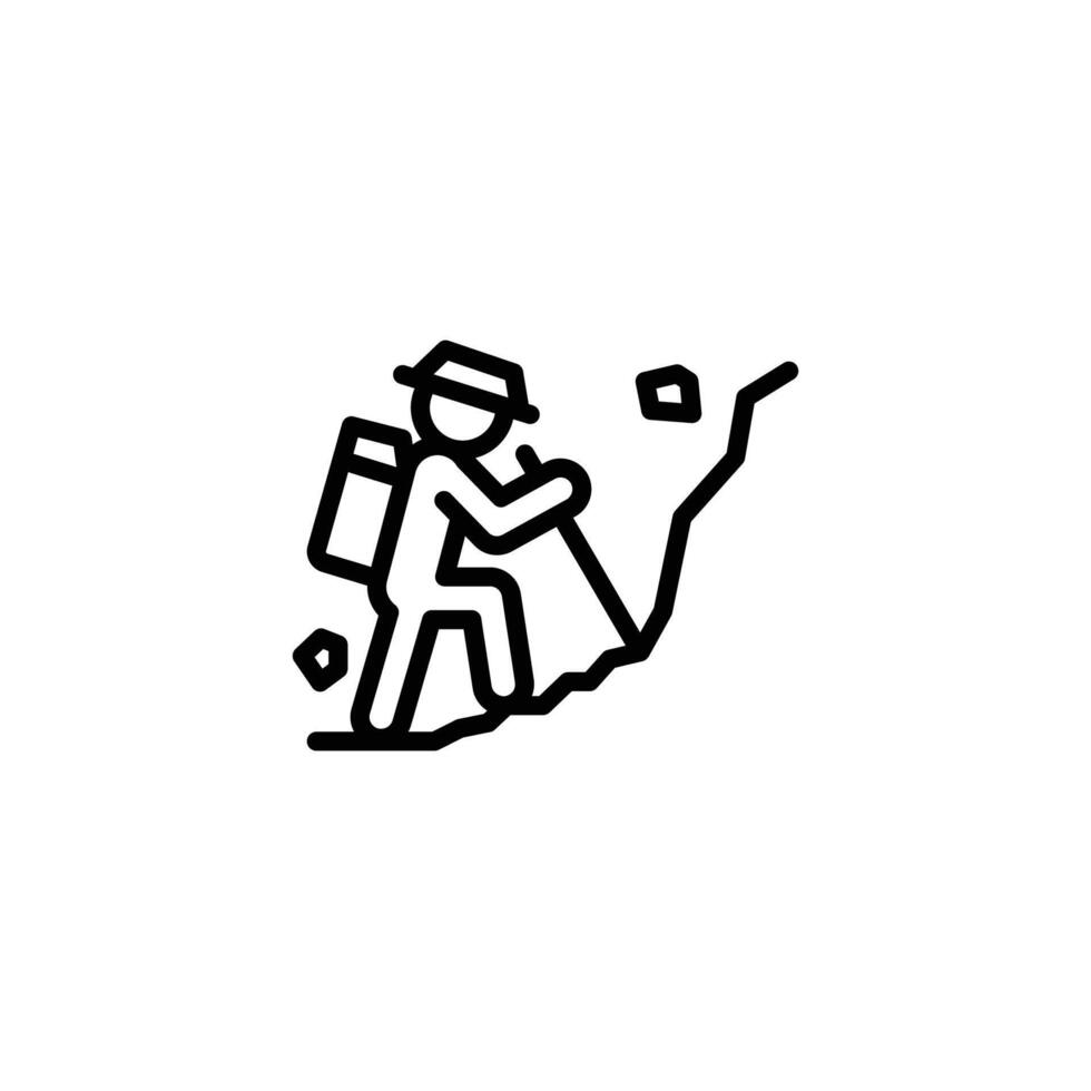 Hiker with backpack, hat, trekking pole navigates rocky terrain in outdoor adventure. Suitable for travel and adventure themed designs. vector