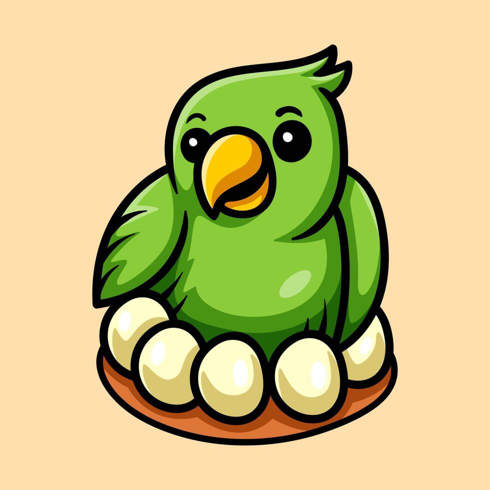 fun cartoon of green parrot mother character isolated drawing line art style sketch classic vintage design illustration vector