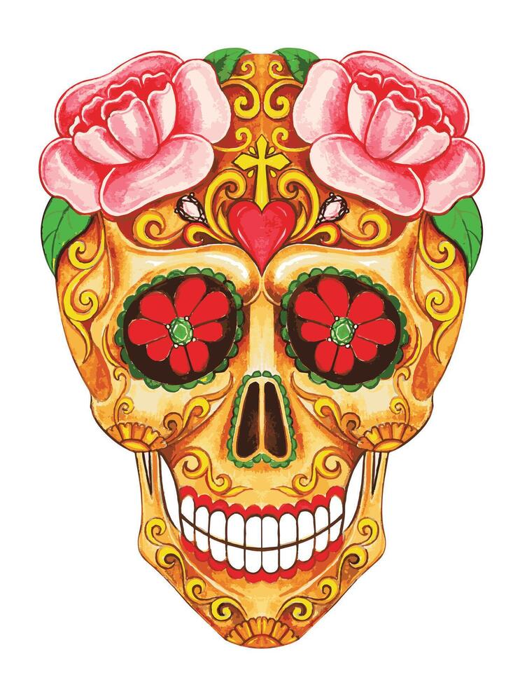 Floral elegance sugar skull day of the dead. design by hand drawing and make graphic . vector