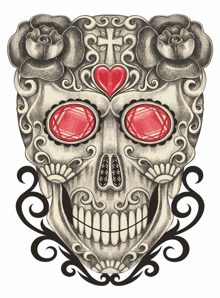 Monochrome gemstone sugar skull day of the dead. design by hand drawing and make graphic . vector