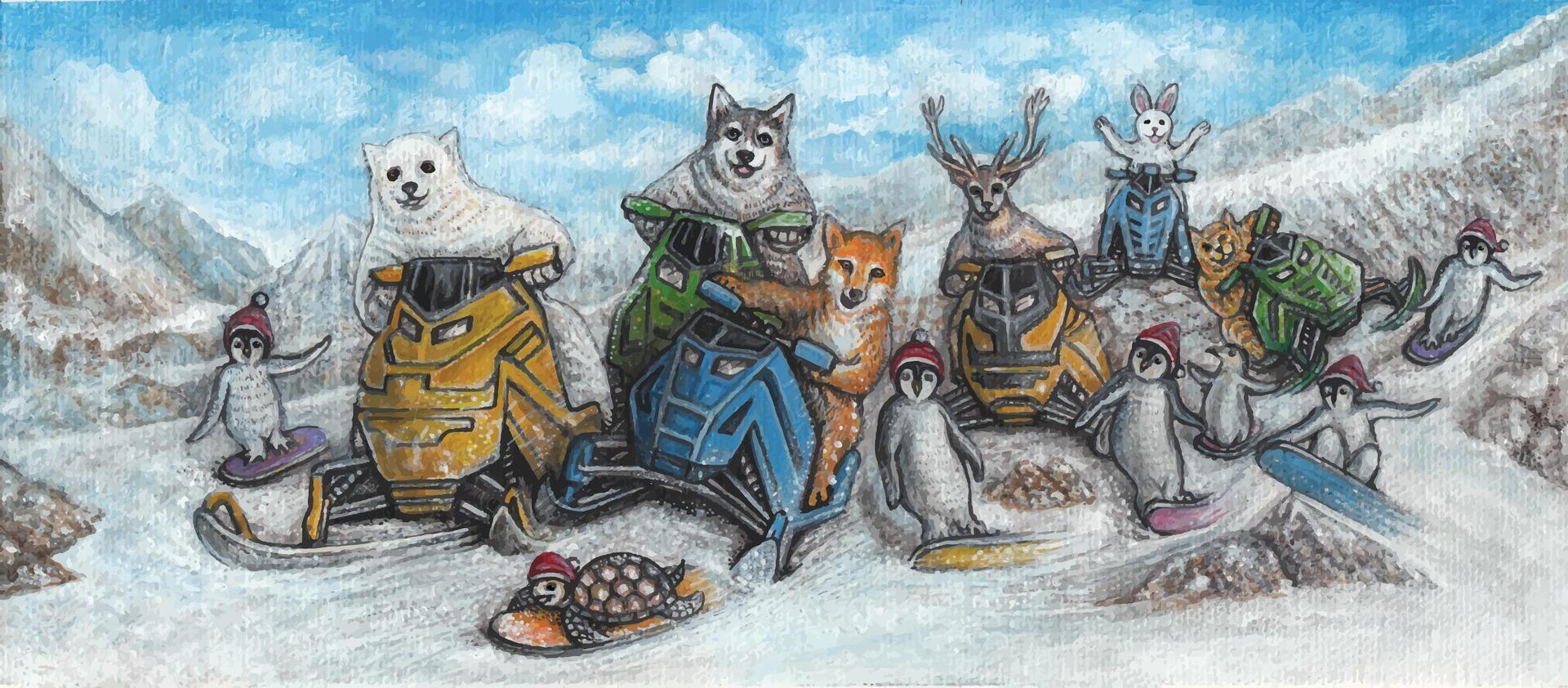 Winter wonderland adventure. This whimsical illustration portrays a group of animals enjoying a snowy mountain adventure on snowmobiles and snowboards. vector