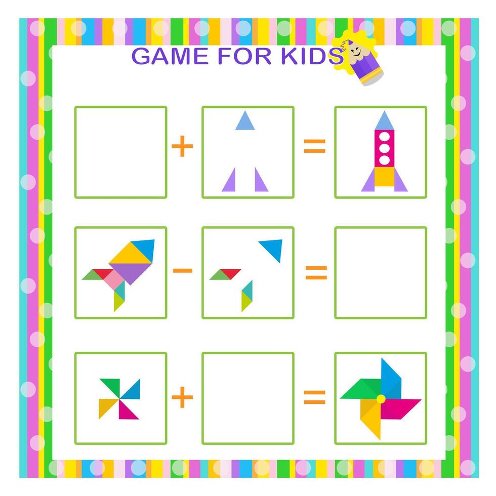 Math game for kids. Addition and subtraction with geometric shapes. Preschool worksheet activity vector